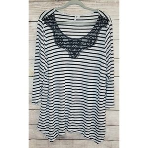 Cato 22/24 Black and White Stripe Top with Lace Neckline